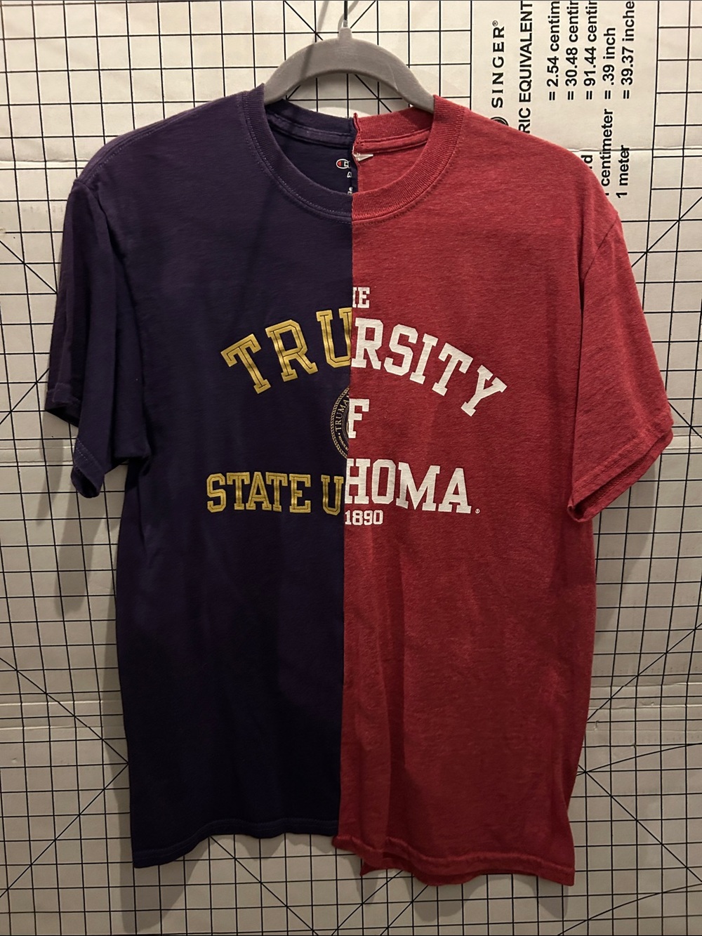University Graphic Split-Color Crewneck T-Shirt - Purple & Red
